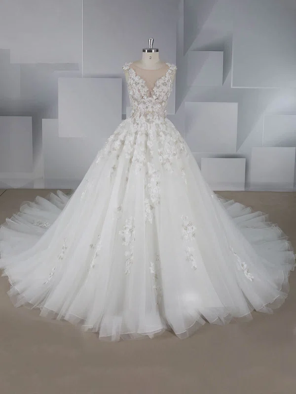 Ball Gown Illusion Tulle Court Train Wedding Dresses With Beading #Milly00024573