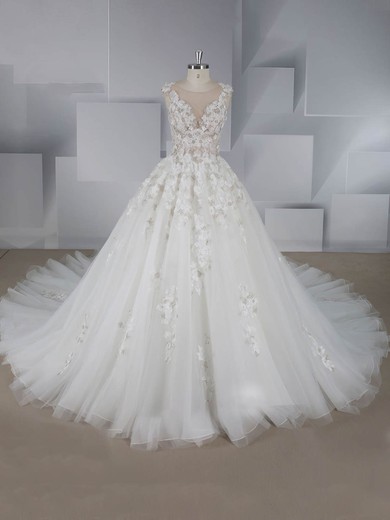 A-line Scoop Neck Tulle Court Train Beading Wedding Dresses #Milly00024573