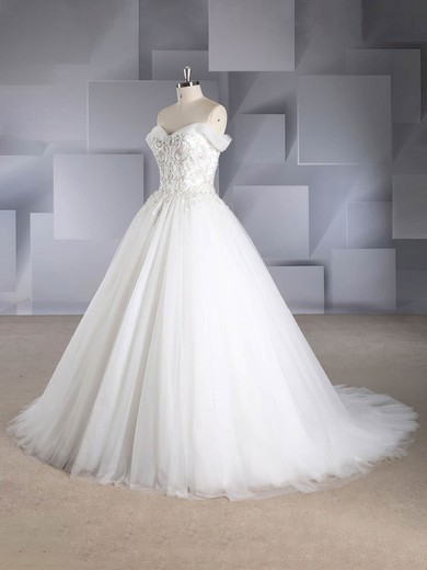 Ball Gown Off-the-shoulder Tulle Court Train Beading Wedding Dresses #Milly00024574