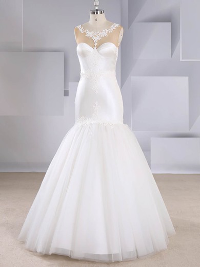 Trumpet/Mermaid Scoop Neck Satin Tulle Sweep Train Appliques Lace Wedding Dresses #Milly00024575