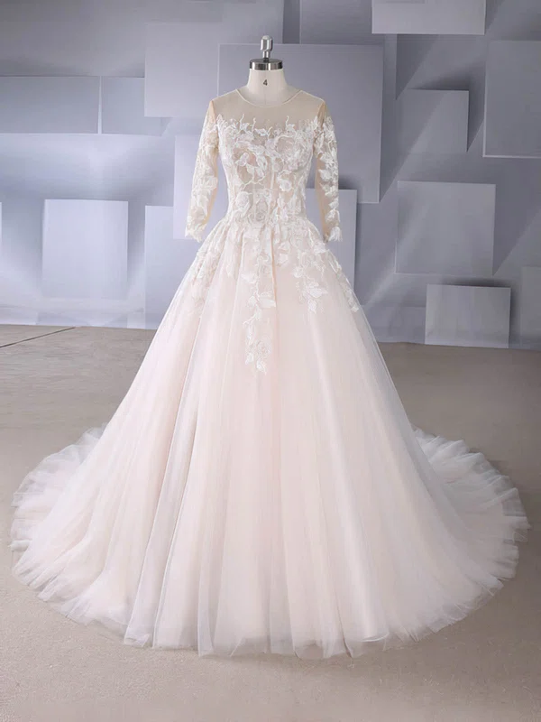 Ball Gown Illusion Tulle Court Train Wedding Dresses With Appliques Lace #Milly00024576