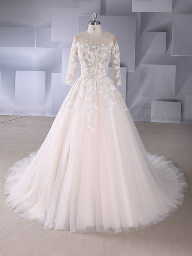 A-line Scoop Neck Tulle Court Train Appliques Lace Wedding Dresses #Milly00024576