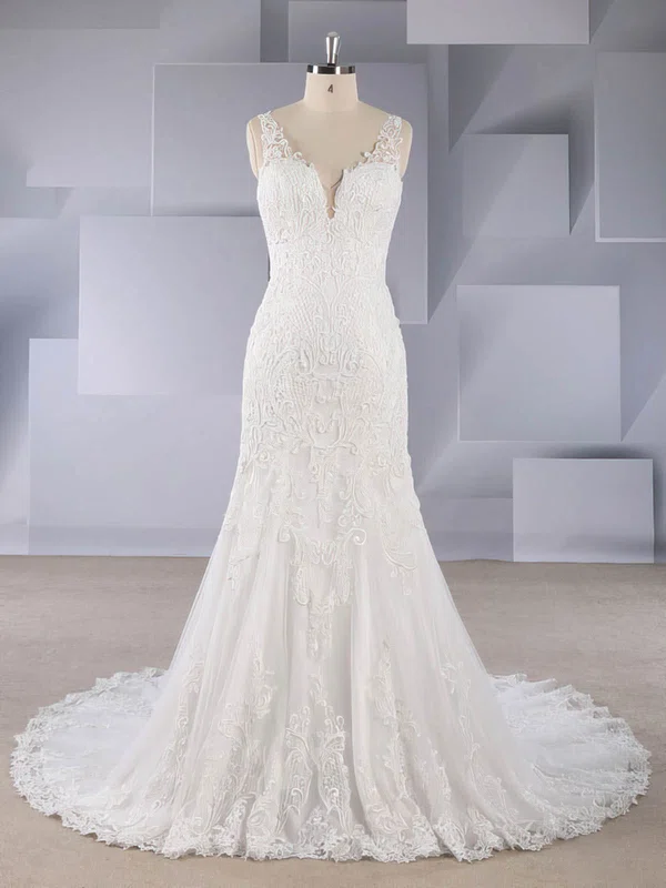 Trumpet/Mermaid V-neck Tulle Sweep Train Wedding Dresses With Appliques Lace #Milly00024577