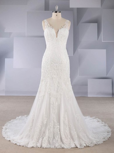 Trumpet/Mermaid V-neck Tulle Sweep Train Appliques Lace Wedding Dresses #Milly00024577