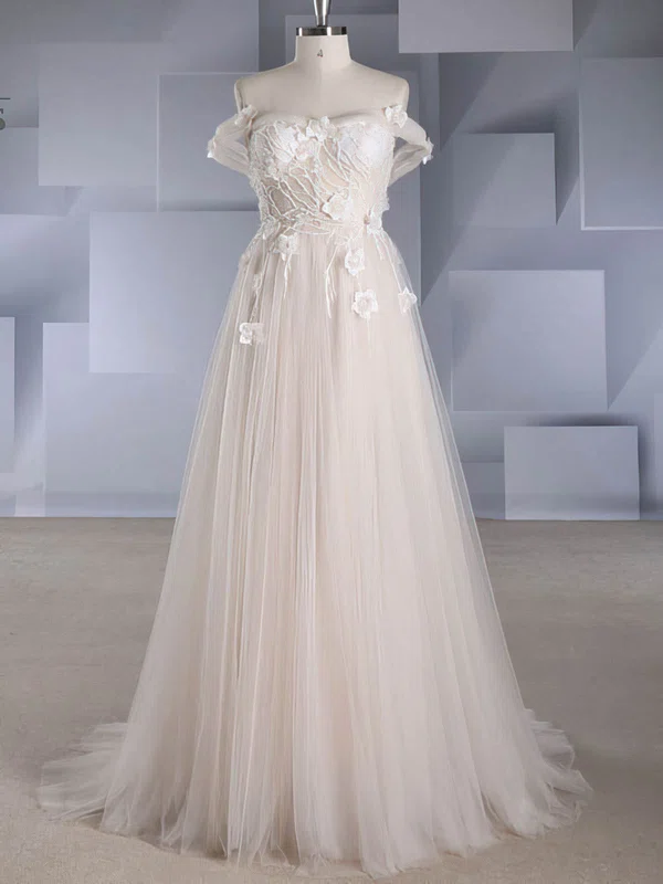 Ball Gown Off-the-shoulder Tulle Sweep Train Wedding Dresses With Beading #Milly00024578