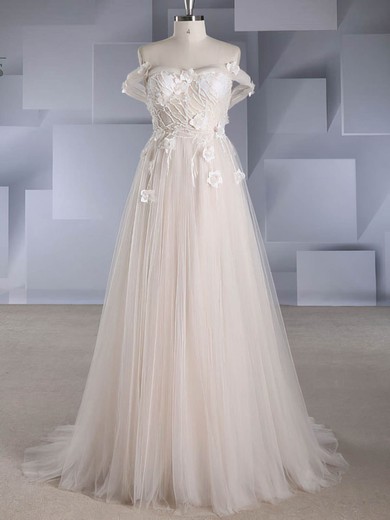 A-line Off-the-shoulder Tulle Sweep Train Beading Wedding Dresses #Milly00024578