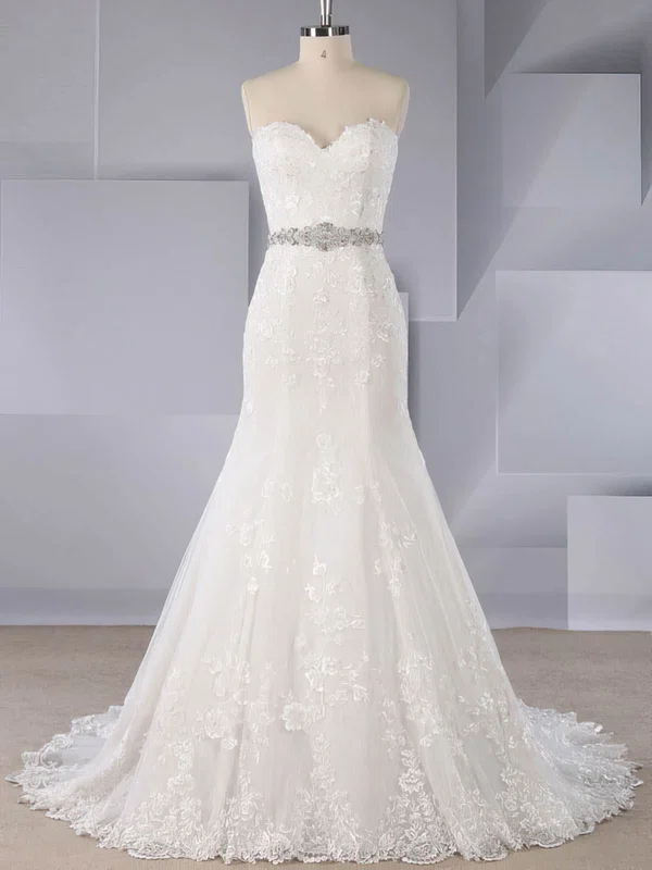 Trumpet/Mermaid Sweetheart Tulle Sweep Train Wedding Dresses With Appliques Lace #Milly00024580