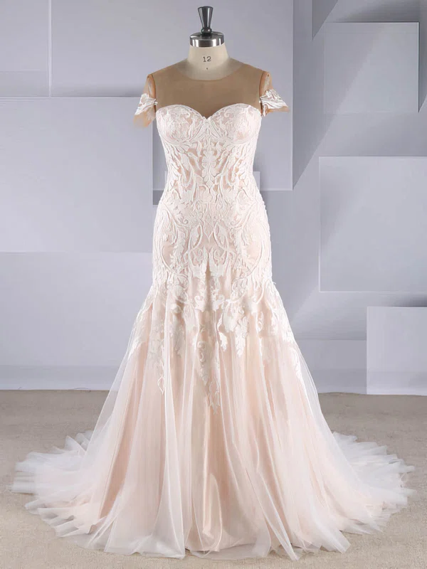 Trumpet/Mermaid Illusion Tulle Sweep Train Wedding Dresses With Appliques Lace #Milly00024586