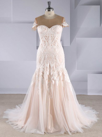 Trumpet/Mermaid Scoop Neck Tulle Sweep Train Appliques Lace Wedding Dresses #Milly00024586