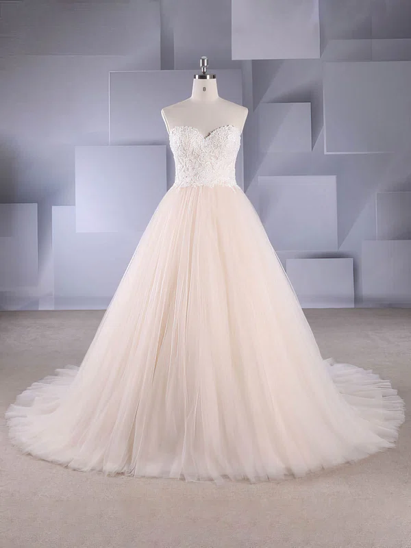 Ball Gown Sweetheart Tulle Court Train Wedding Dresses With Appliques Lace #Milly00024587