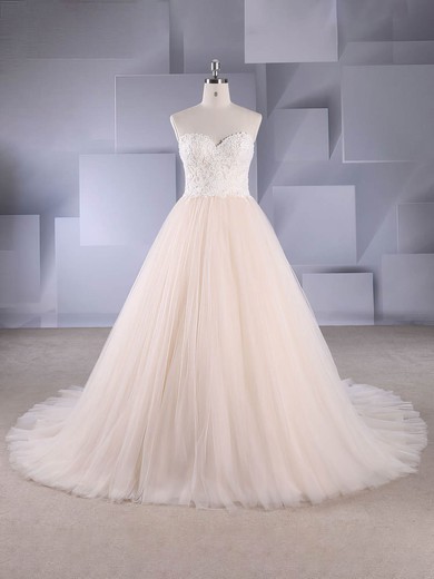 Ball Gown Strapless Tulle Court Train Appliques Lace Wedding Dresses #Milly00024587