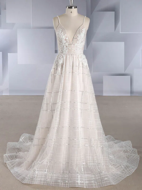 Ball Gown V-neck Organza Sweep Train Wedding Dresses With Appliques Lace #Milly00024588