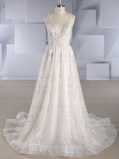 A-line V-neck Organza Sweep Train Sequins Wedding Dresses #Milly00024588