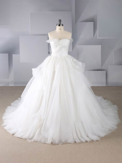 Ball Gown Strapless Tulle Court Train Beading Wedding Dresses #Milly00024589