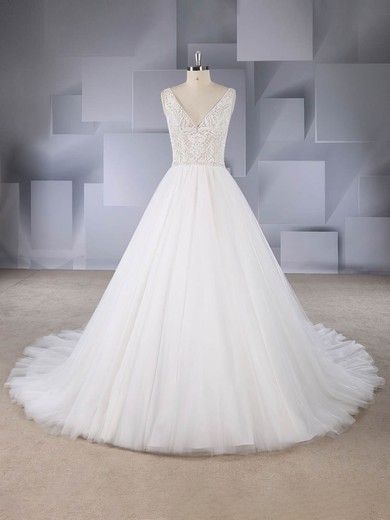 Ball Gown V-neck Tulle Court Train Beading Wedding Dresses #Milly00024590