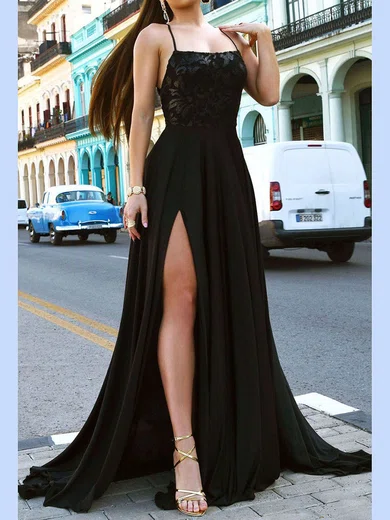 A-line Square Neckline Jersey Sweep Train Appliques Lace Formal Dresses PT020107810