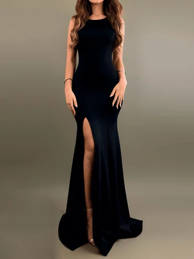 Sheath/Column Scoop Neck Stretch Crepe Sweep Train Split Front Prom Dresses #SALEMilly020107811