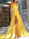 A-line Sweep Train V-neck Jersey Split Front Prom Dresses #Milly020107820