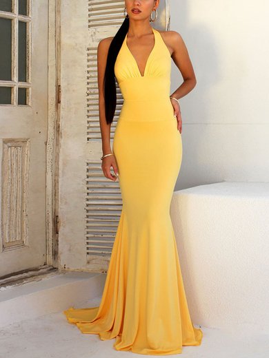 Mermaid Halter Jersey Backless Prom Dresses With Ruched #Milly020107821