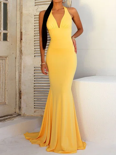 Mermaid Halter Jersey Backless Prom Dresses With Ruched #Milly020107821