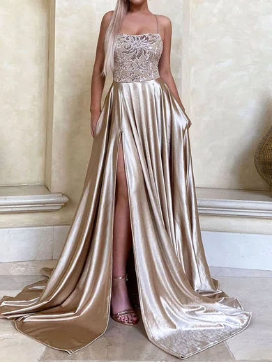 A-line Square Neck Satin Prom Dresses With Appliques #Milly020107823