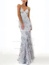 Trumpet/Mermaid V-neck Lace Tulle Sweep Train Sequins Prom Dresses #Milly020107826