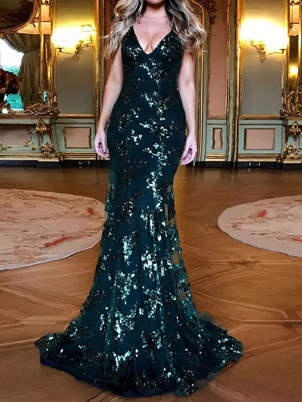 Mermaid V-neck Backless Sparkly Sequin Prom Dresses #Milly020107833