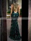 Trumpet/Mermaid V-neck Lace Tulle Sweep Train Sequins Prom Dresses #Milly020107833
