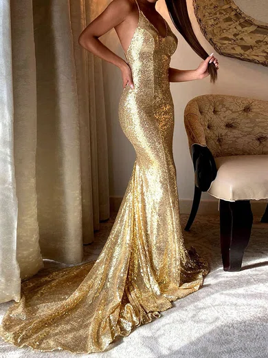 Mermaid V-neck Sparkly Sequin Prom Dresses With Beading #Milly020107842