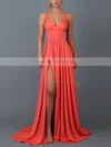 A-line V-neck Jersey Sweep Train Split Front Prom Dresses #Milly020107848