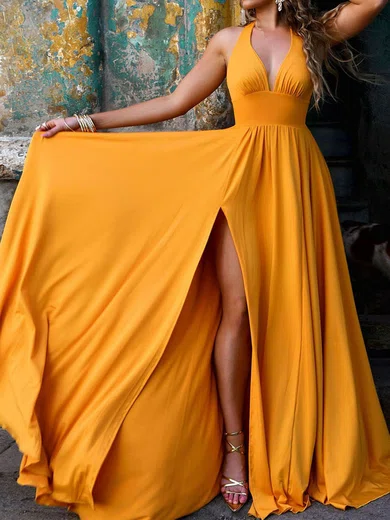 A-line Halter Jersey Sweep Train Split Front Formal Dresses PT020107856