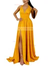 A-line Halter Jersey Sweep Train Split Front Prom Dresses #Milly020107856