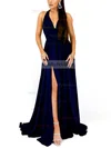A-line Halter Jersey Sweep Train Split Front Prom Dresses #Milly020107856