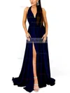 A-line Halter Jersey Sweep Train Split Front Prom Dresses #Milly020107857