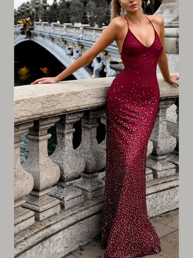 Trumpet/Mermaid V-neck Jersey Sweep Train Crystal Detailing Prom Dresses #Milly020107858