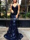 Trumpet/Mermaid V-neck Lace Tulle Sweep Train Sequins Prom Dresses #Milly020107864