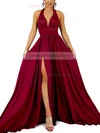 A-line Halter Jersey Sweep Train Split Front Prom Dresses #Milly020107865