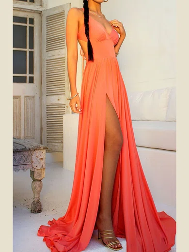 A-line V-neck Jersey Sweep Train Split Front Formal Dresses PT020107877