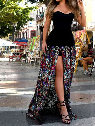A-line Strapless Lace Velvet Floral Prom Dresses #Milly020107881