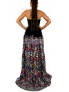 A-line Strapless Lace Velvet Sweep Train Split Front Prom Dresses #Milly020107881