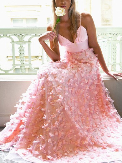 A-line Floor-length V-neck Lace Jersey Flower(s) Prom Dresses #Milly020107882