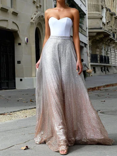 A-line Strapless Satin Sparkly Prom Dresses #Milly020107885