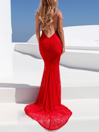 Trumpet/Mermaid Scoop Neck Lace Sweep Train Prom Dresses #Milly020107887