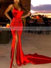 Trumpet/Mermaid V-neck Silk-like Satin Sweep Train Ruffles Prom Dresses #Milly020107891