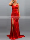 Trumpet/Mermaid V-neck Silk-like Satin Sweep Train Ruffles Prom Dresses #Milly020107891