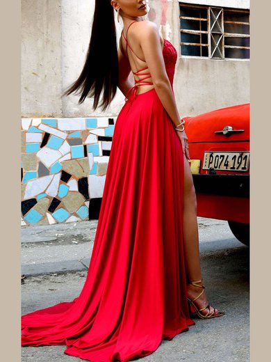 A-line Square Neckline Silk-like Satin Sweep Train Appliques Lace Prom Dresses #Milly020107892