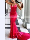 Trumpet/Mermaid V-neck Silk-like Satin Sweep Train Split Front Prom Dresses #Milly020107897