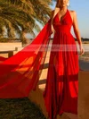 A-line Halter Chiffon Sweep Train Split Front Prom Dresses #Milly020107898