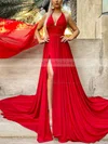 A-line Halter Chiffon Sweep Train Split Front Prom Dresses #Milly020107898
