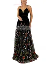 A-line V-neck Lace Sweep Train Prom Dresses #Milly020107904